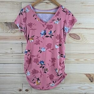Motherhood Maternity Floral V-Neck Ruched Side T-Shirt Medium Pink Short Sleeve
